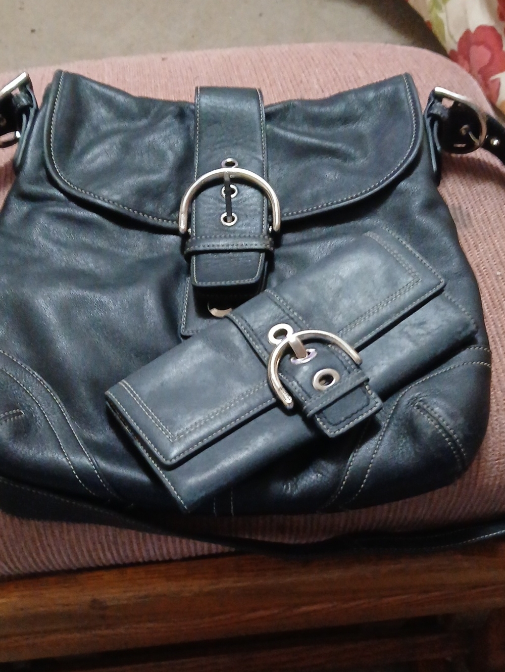 Coach SOHO Hobo Leather Shoulder Bag and Wallet - Charcoal Black
